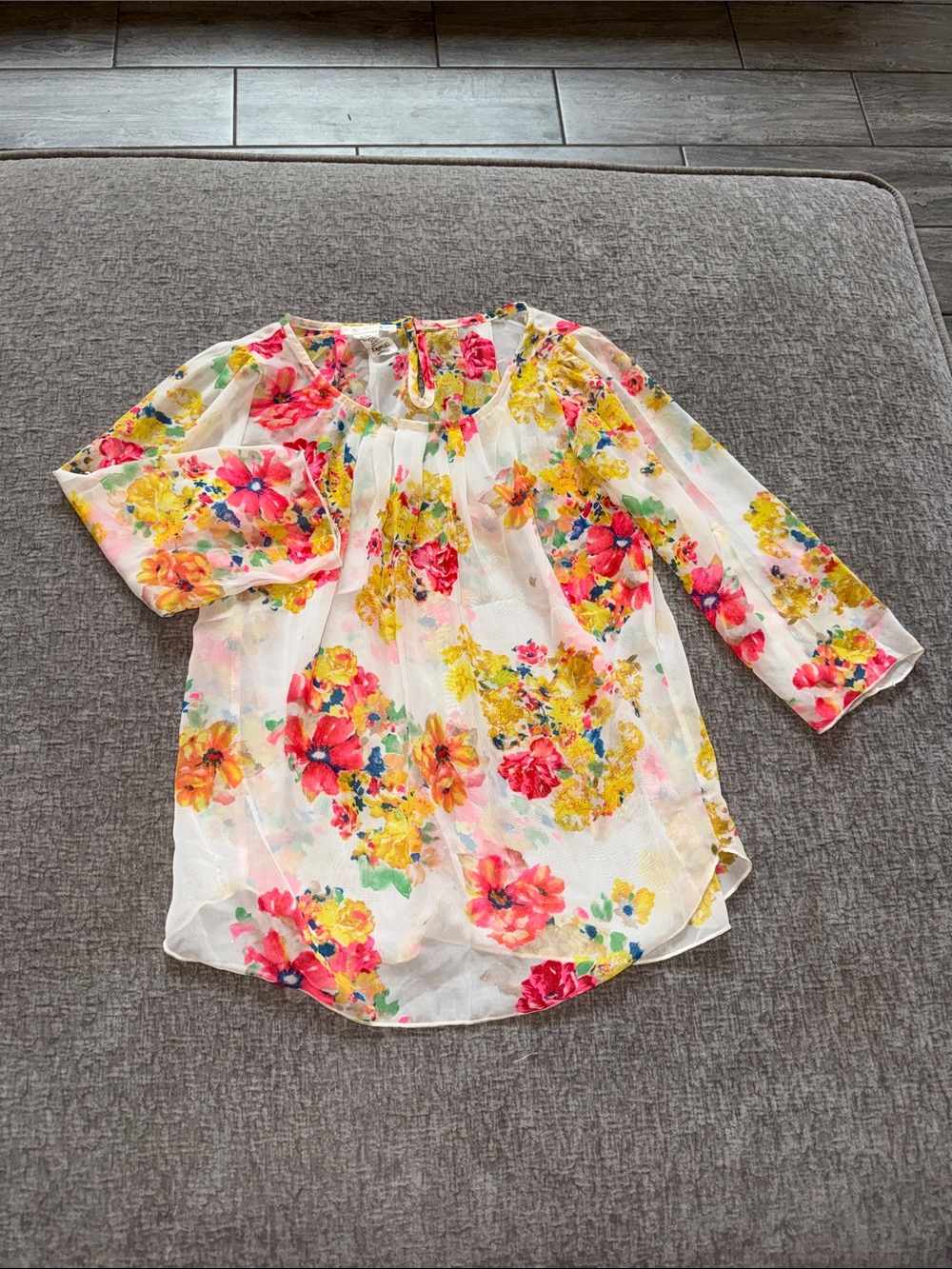 a'gaci White Sheer Floral Blouse with Pink & Yellow Flowers